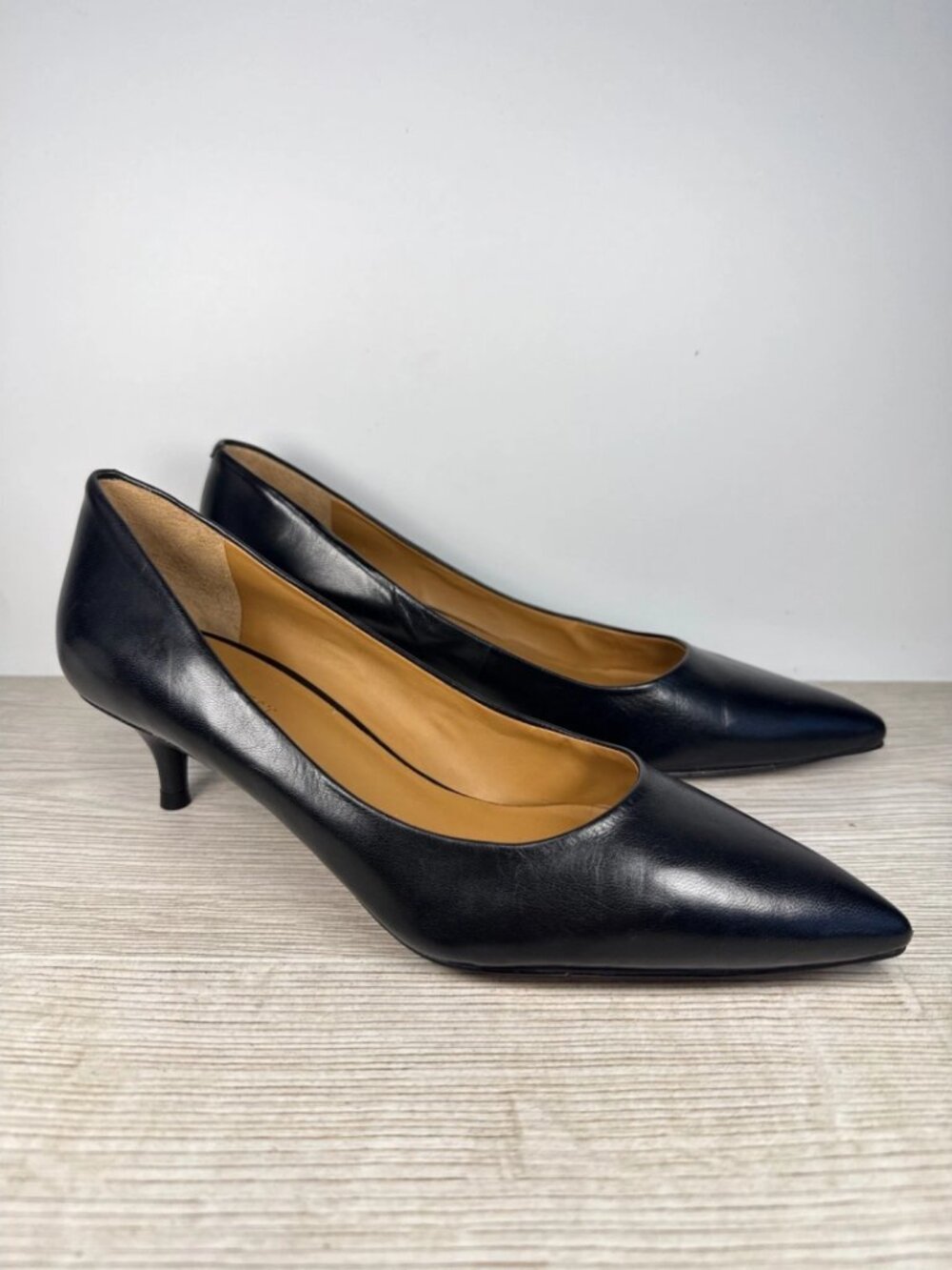 Black Leather Pointed Toe Kitten Heel Dress